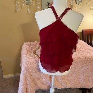 SILK Red Ruffled Tier Top with Red &Clear Crystals